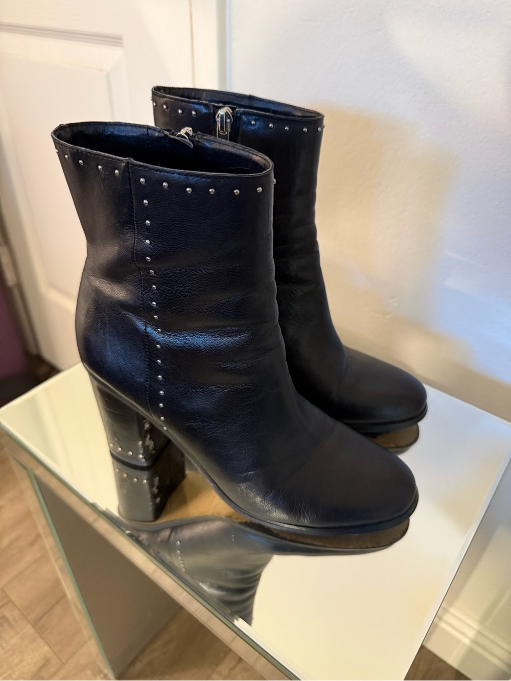 Marc Fisher Black Studded Leather Block Heel Ankle Boots